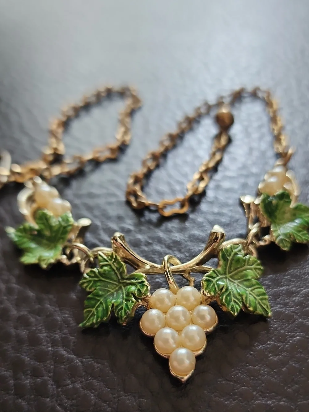 VTG Pearl Grape Cluster Necklace with Green Enamel Leaves